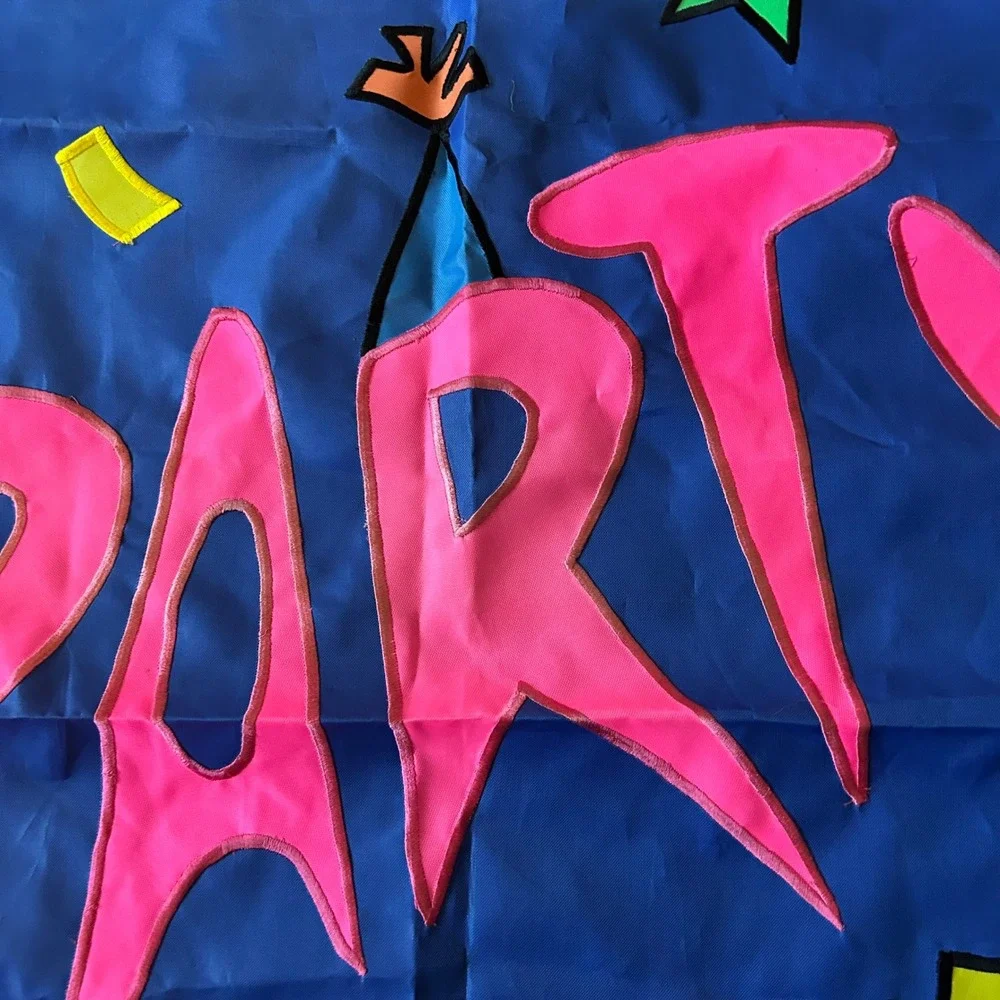 Vintage Style Party Garden Flag Blue Neon Pink Applique Celebration 28x40